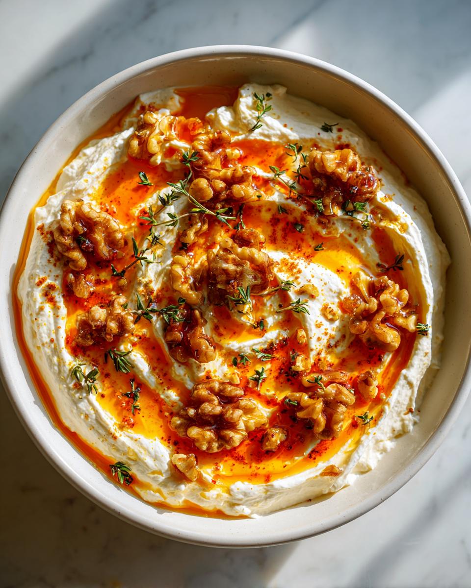 Overhead view of a creamy whipped ricotta dip topped with toasted walnuts, bright orange chili oil, and fresh thyme sprigs.