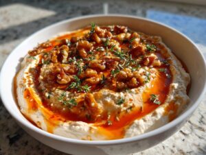 A bowl of creamy whipped ricotta dip topped with walnuts, chili oil, and fresh thyme.