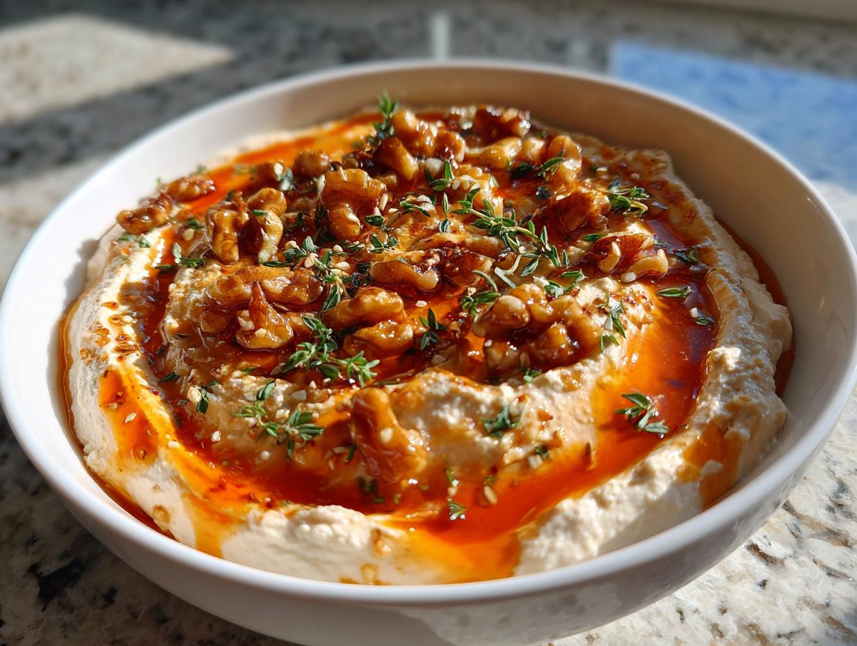 A bowl of creamy whipped ricotta dip topped with walnuts, chili oil, and fresh thyme.