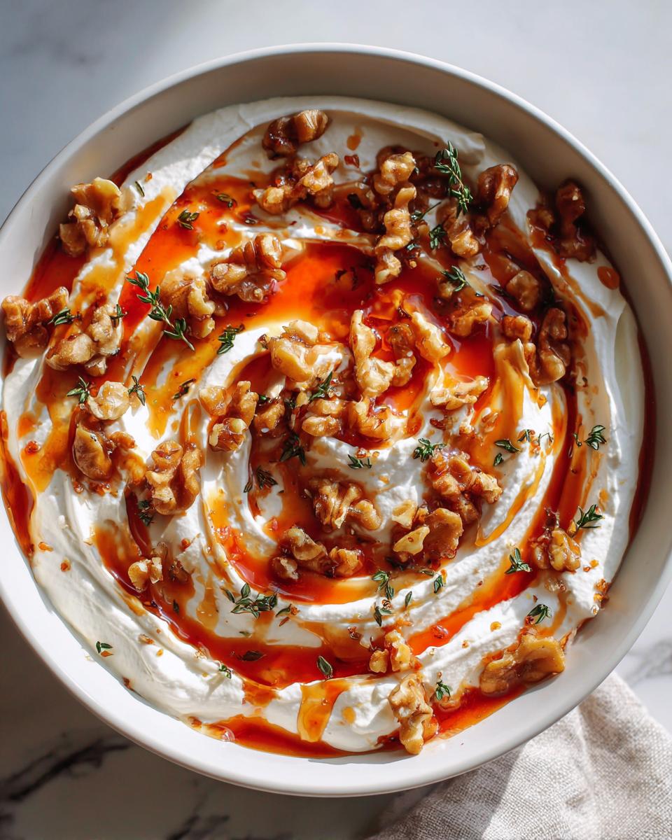 Overhead view of a bowl of creamy whipped ricotta dip swirled with chili oil or honey and topped with walnuts and thyme.