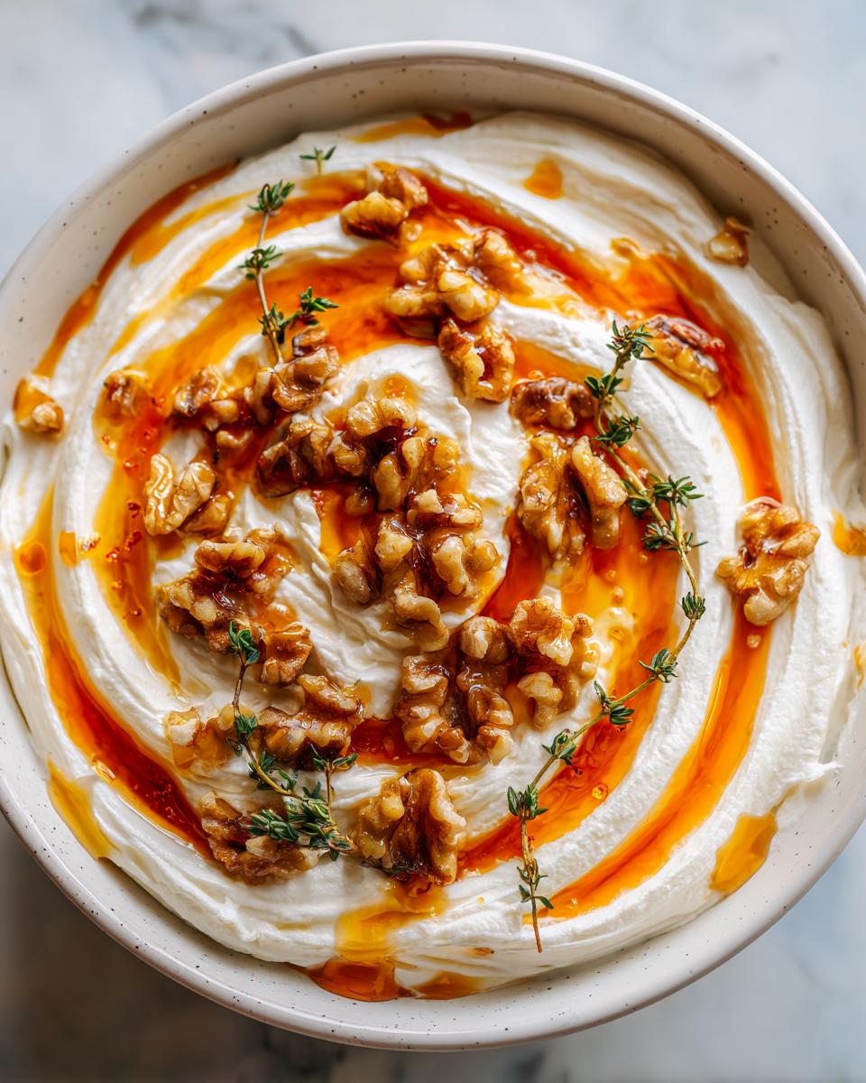 Overhead view of a creamy whipped ricotta dip swirled and topped with candied walnuts, honey, and fresh thyme sprigs.