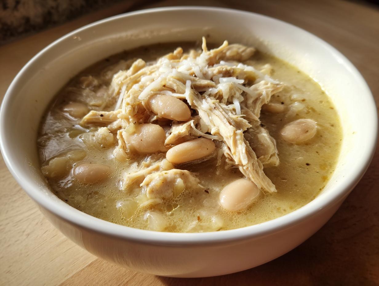 Close-up of a bowl of creamy white chicken chili topped with shredded white chicken and white beans.
