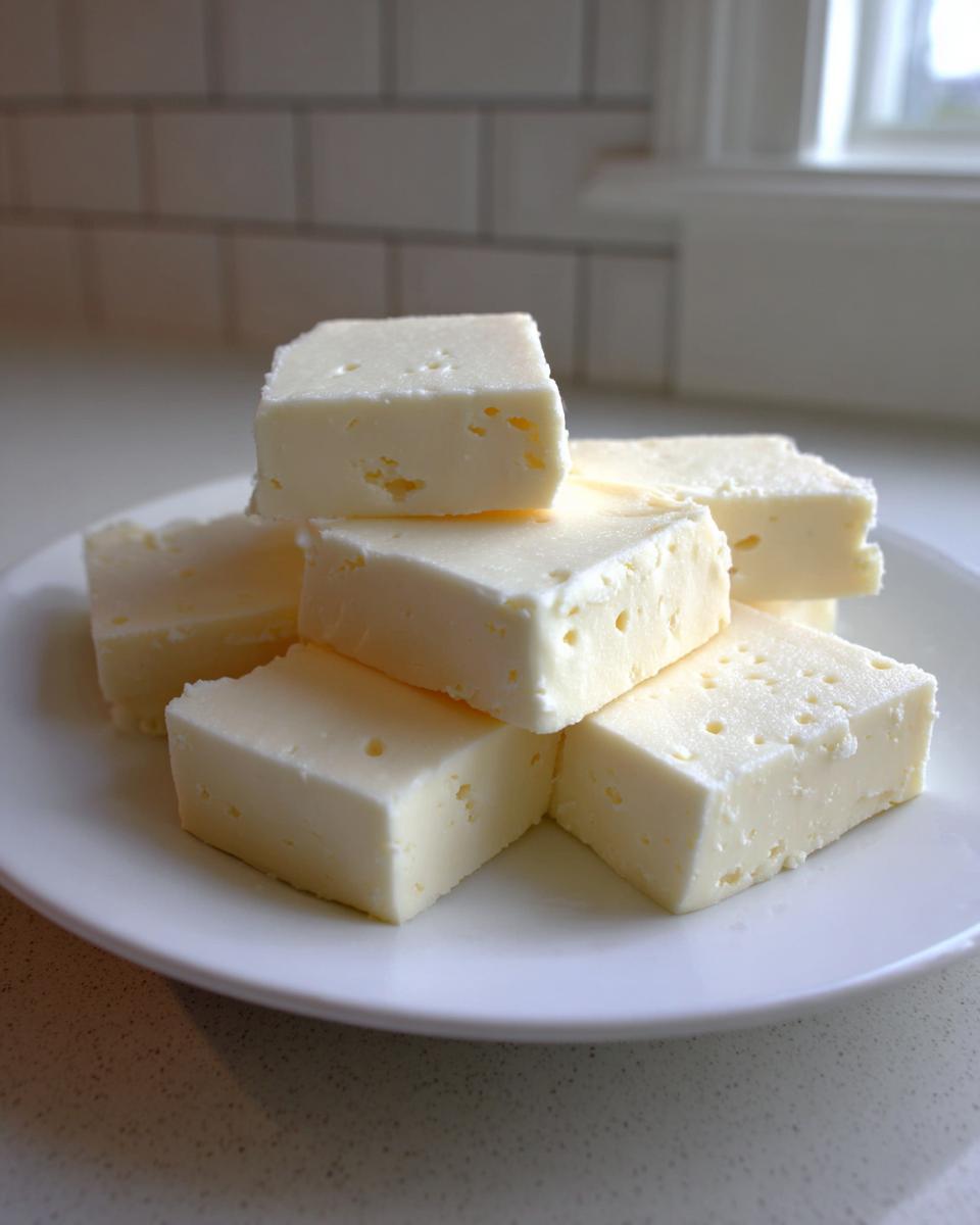 A stack of freshly cut, creamy white chocolate fudge squares resting on a white plate.