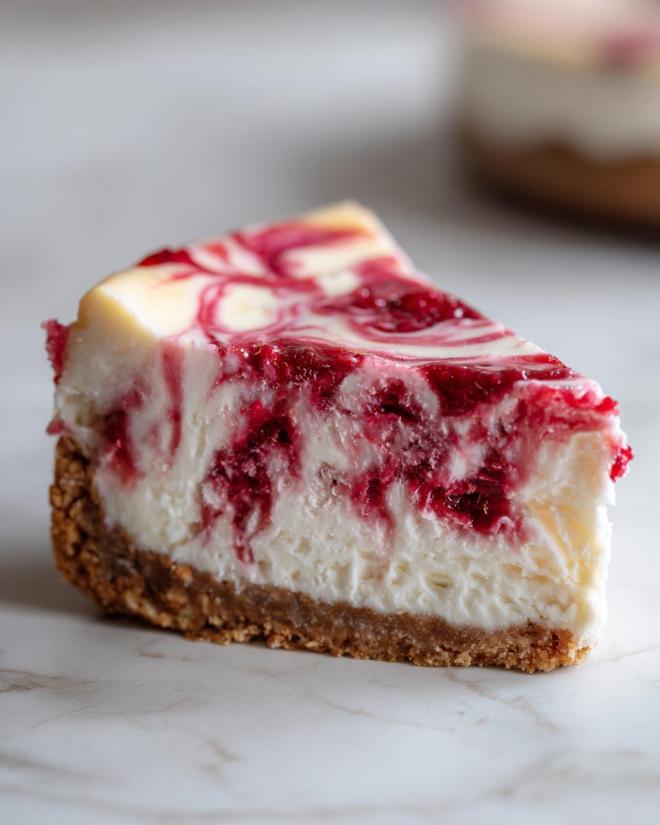 A close-up of a perfect slice of white chocolate raspberry cheesecake showing the graham cracker crust and raspberry swirl.
