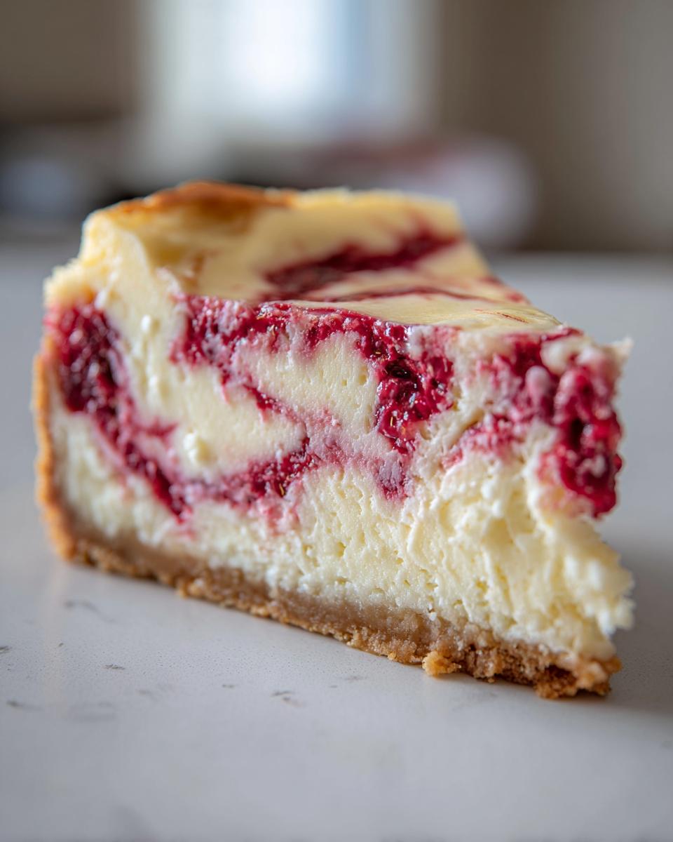 Close-up of a single slice of white chocolate raspberry cheesecake showing creamy filling and graham cracker crust.