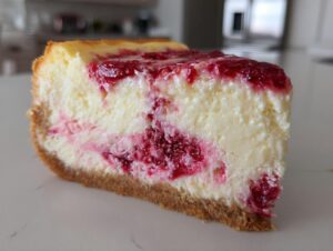 A close-up slice of creamy white chocolate raspberry cheesecake with a graham cracker crust.