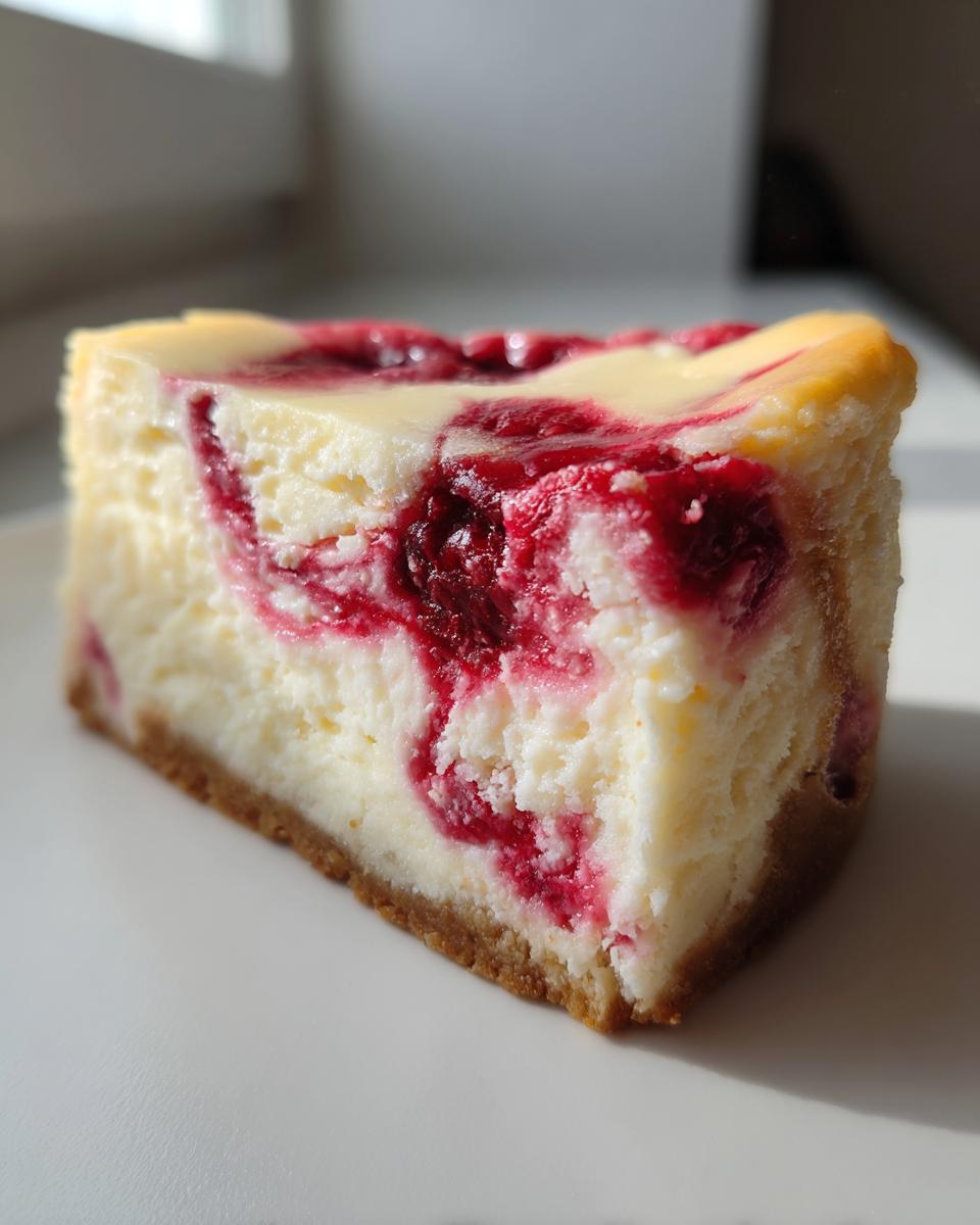 A close-up slice of creamy white chocolate raspberry cheesecake with a graham cracker crust.
