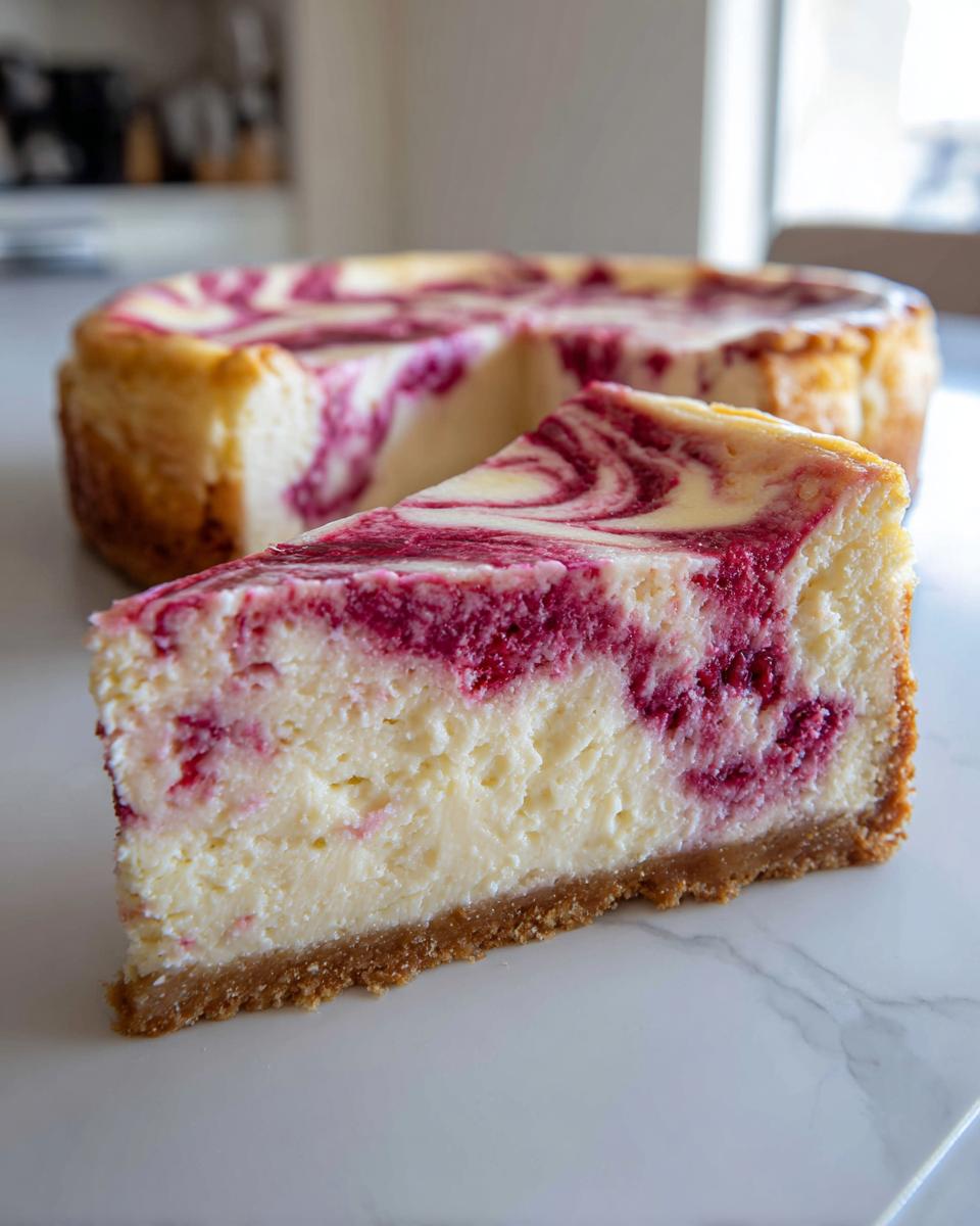 A close-up slice of creamy white chocolate raspberry cheesecake showing a graham cracker crust and vibrant raspberry swirls.