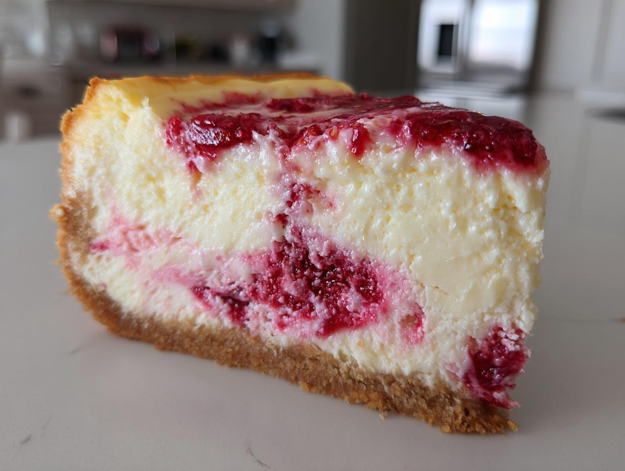 A close-up slice of creamy white chocolate raspberry cheesecake with a graham cracker crust.