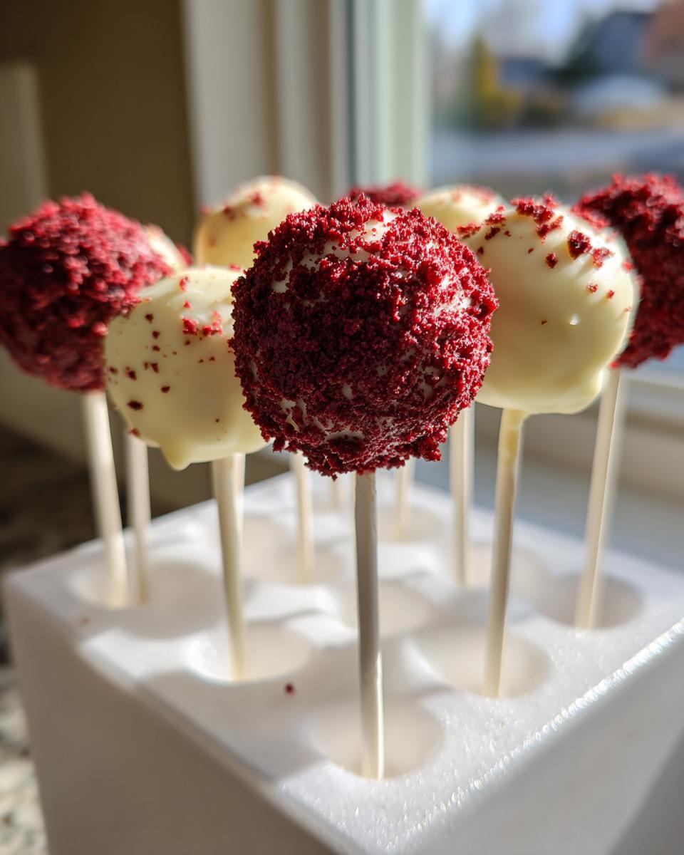 Close-up of several red velvet cake pops dipped in white chocolate and topped with red crumbs.
