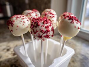 Several white chocolate dipped red velvet cake pops topped with red crumbs standing in a white holder.