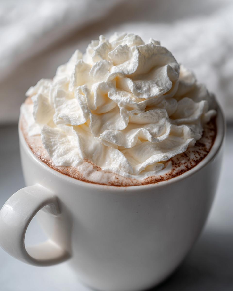 Close-up of a mug filled with rich white hot chocolate topped generously with fluffy whipped cream.