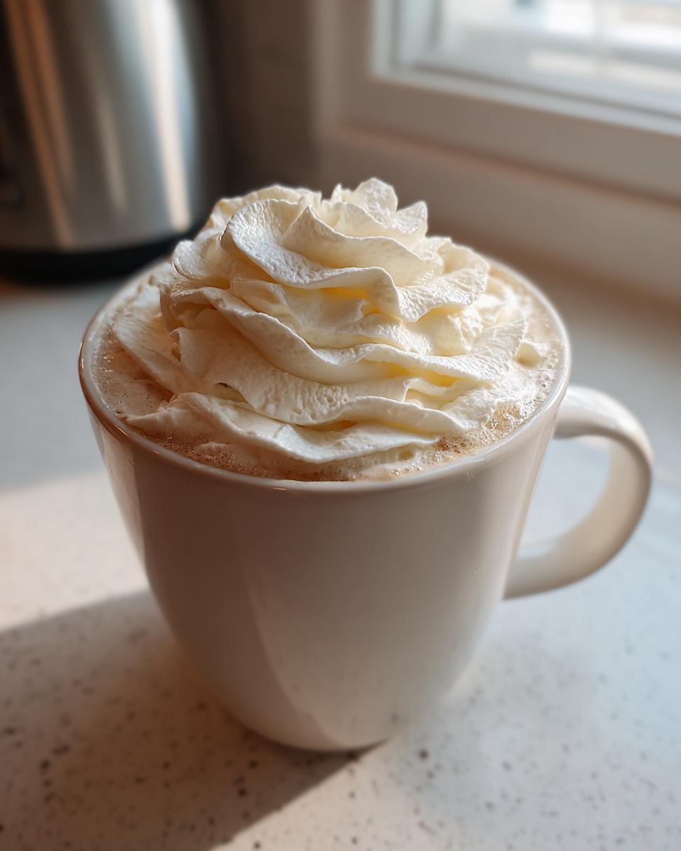 Close-up of a creamy white hot chocolate topped with a generous swirl of whipped cream.