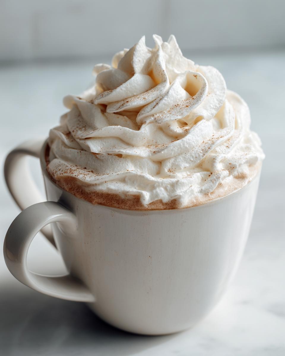 Close-up of a mug filled with rich white hot chocolate, topped high with whipped cream and a dusting of spice.