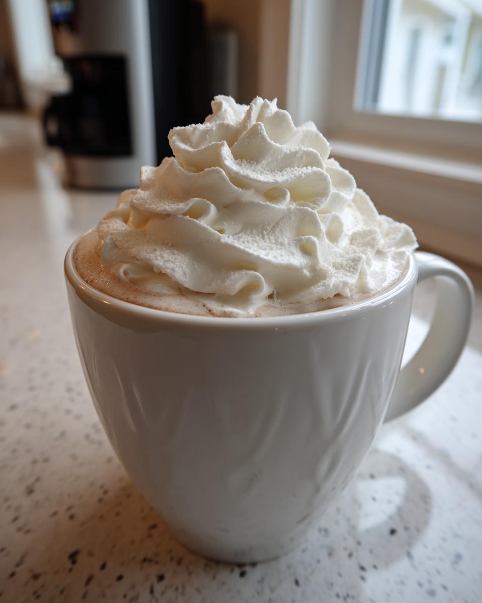 Close-up of a mug filled with creamy white hot chocolate topped high with fresh whipped cream.