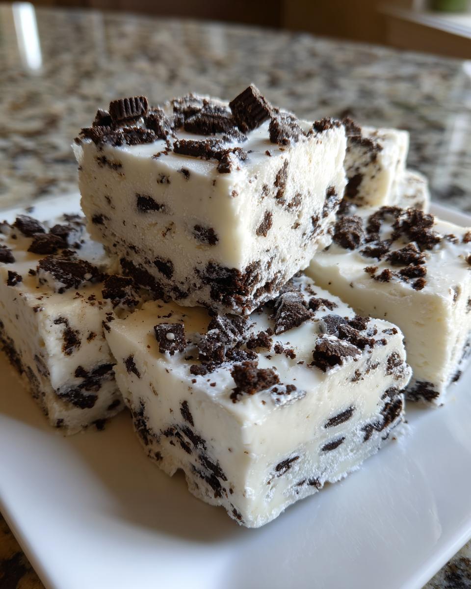 A stack of creamy white Oreo fudge squares studded with dark chocolate cookie pieces, topped with crushed Oreo.