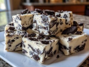 A stack of creamy white squares of Oreo fudge loaded with dark chocolate cookie pieces, featured prominently.