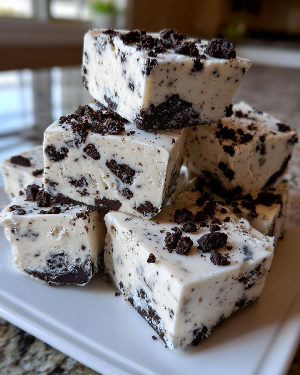 A stack of creamy white Oreo fudge squares loaded with dark chocolate cookie pieces, topped with more crumbs.