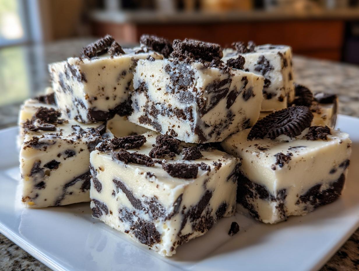 A stack of creamy white squares of Oreo fudge loaded with dark chocolate cookie pieces, featured prominently.