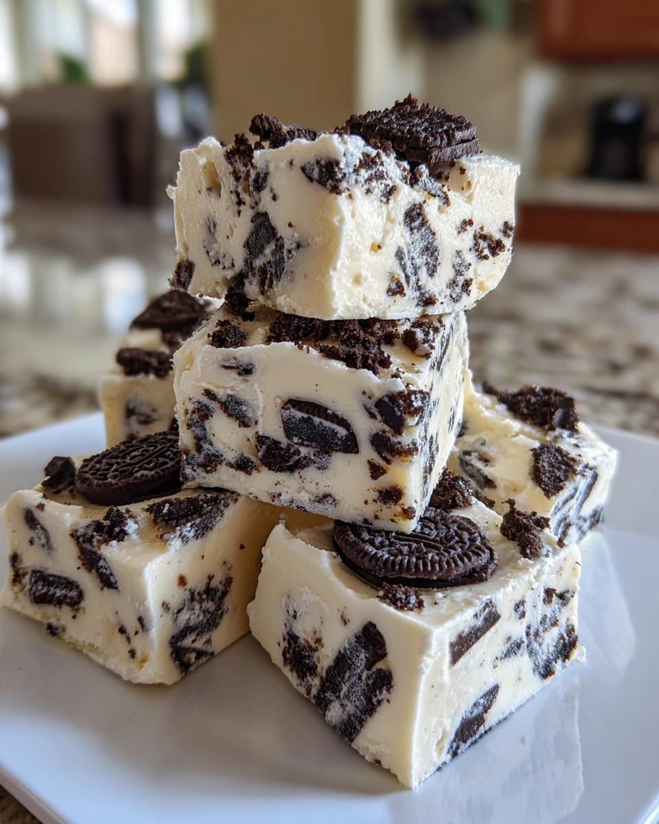 Stack of creamy white Oreo fudge squares loaded with crushed chocolate sandwich cookies.