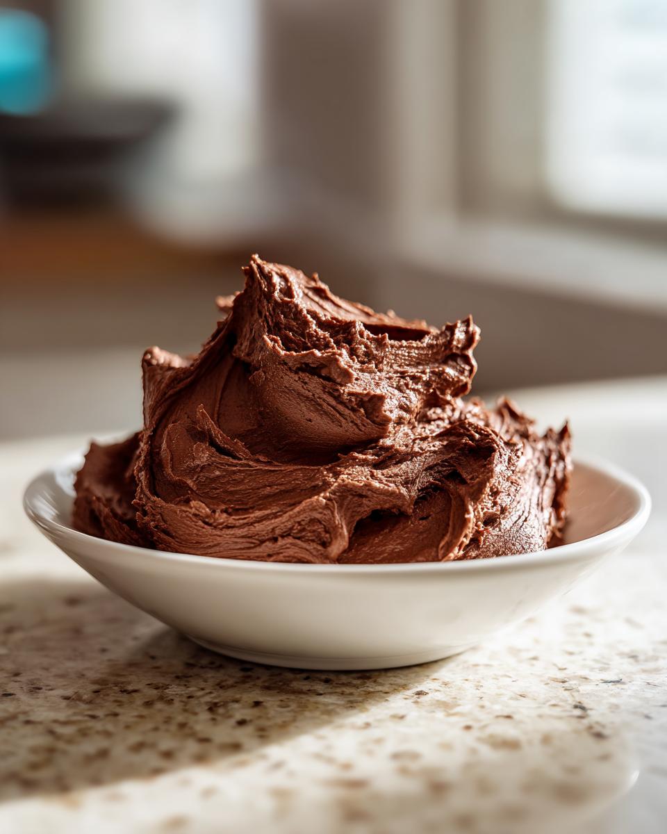 A close-up of a generous swirl of rich, dark chocolate frosting in a small white bowl.