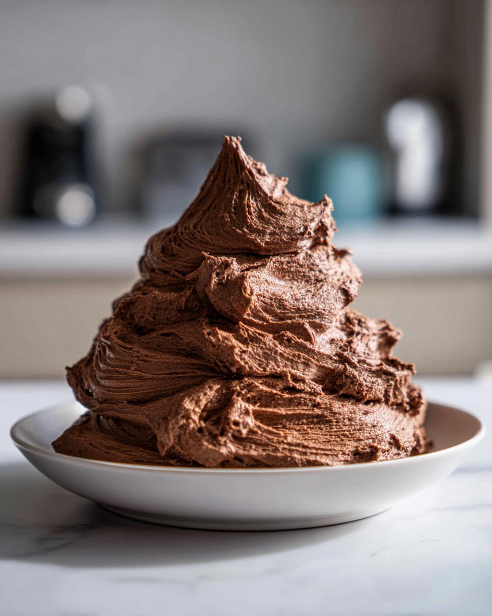 A large, perfectly piped mound of rich, dark chocolate frosting sitting in a white bowl.