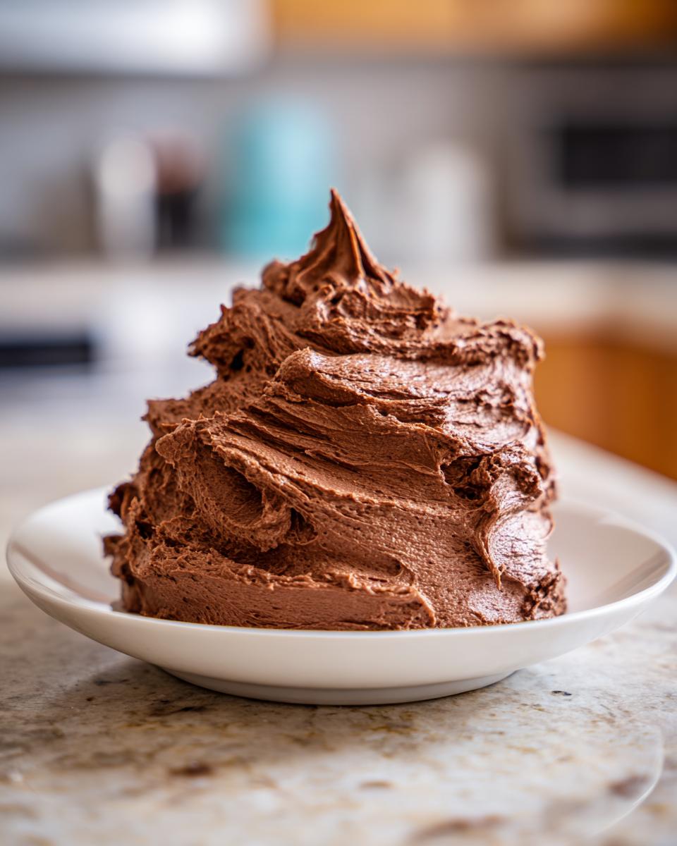A generous swirl of rich, dark brown chocolate frosting piled high on a small white plate.