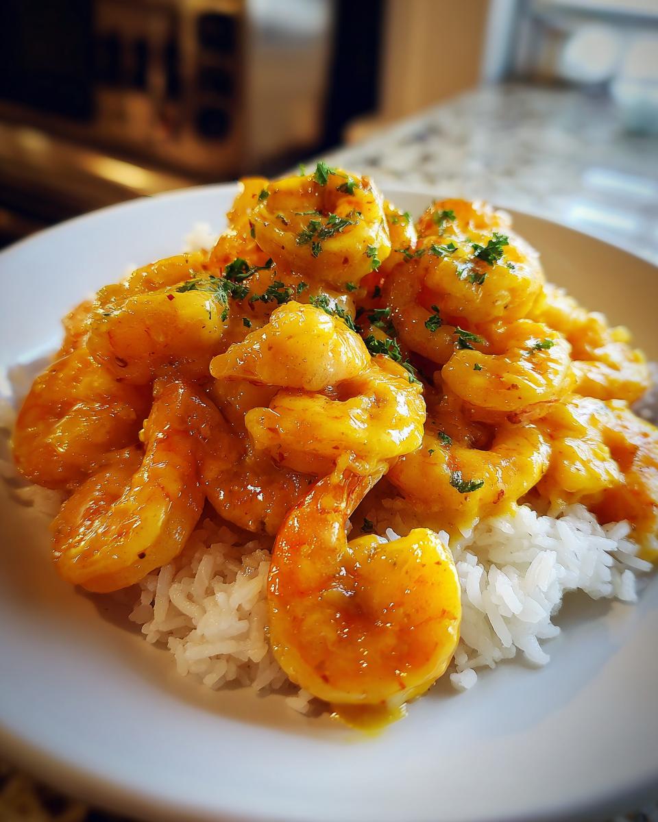 A close-up of vibrant, saucy hawaiian garlic shrimp piled high over a bed of fluffy white rice.