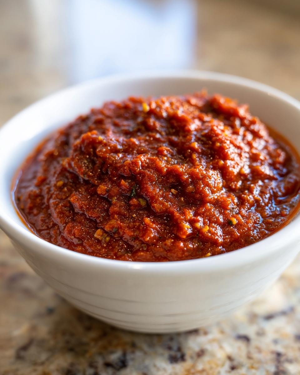 Close-up of a thick, rich, deep red homemade pizza sauce served in a small white bowl.