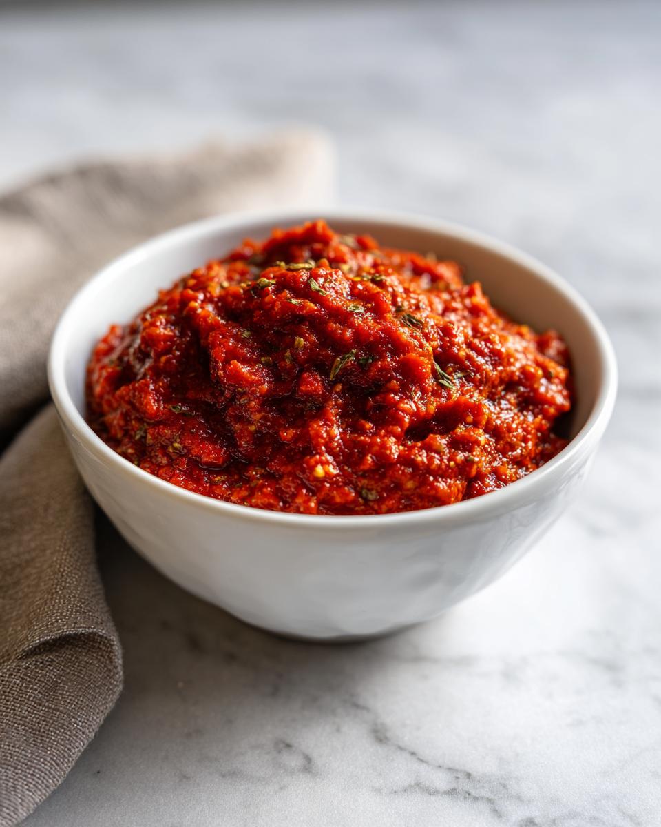 A close-up of thick, vibrant red no-cook pizza sauce seasoned with herbs in a white bowl on a marble surface.