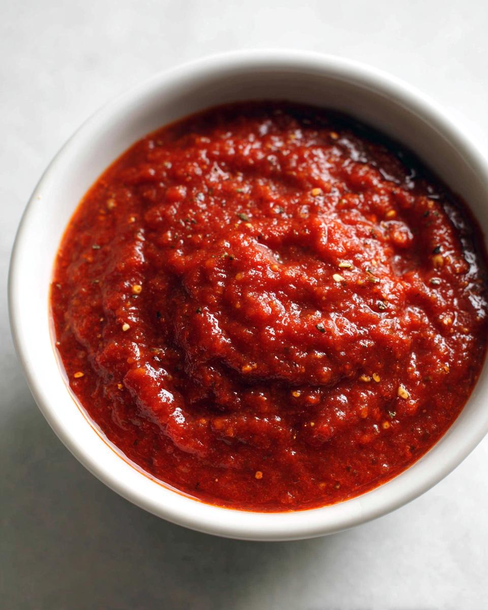 A close-up, overhead view of thick, vibrant red pizza sauce seasoned with herbs, served in a white bowl.