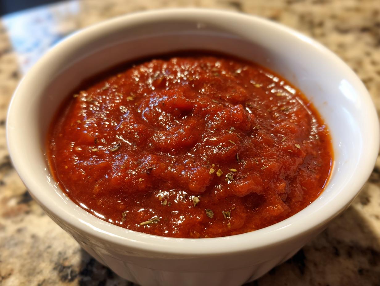 A close-up shot of thick, rich, homemade pizza sauce seasoned with herbs, served in a small white bowl.