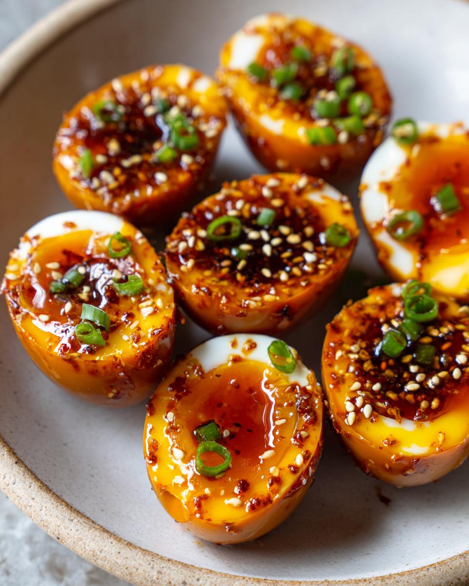 Close-up of several soft-boiled marinated eggs, halved and glistening with sauce, topped with sesame seeds and green onions.