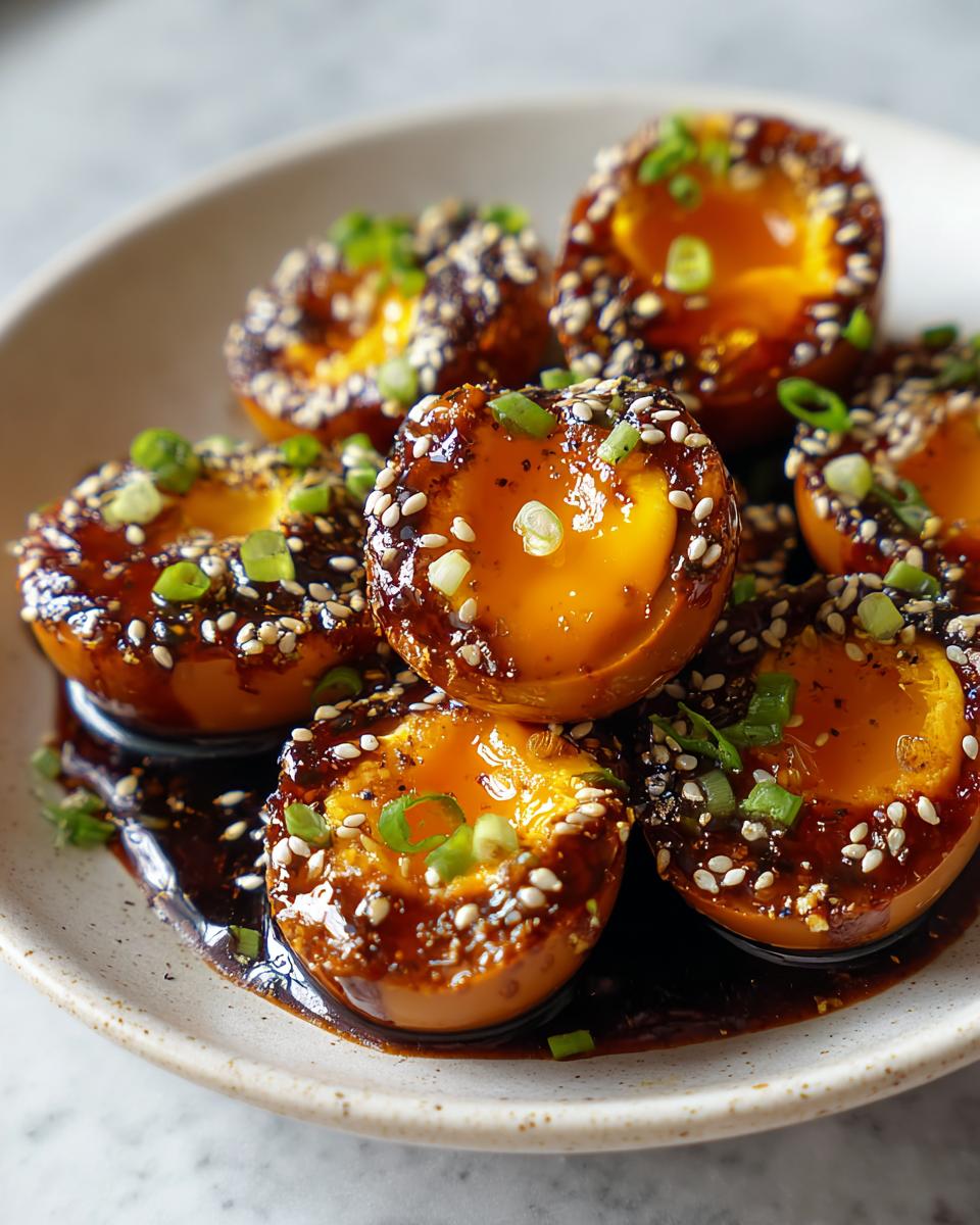 Close-up of halved marinated eggs with jammy, bright orange yolks, coated in dark sauce and sprinkled with sesame seeds.