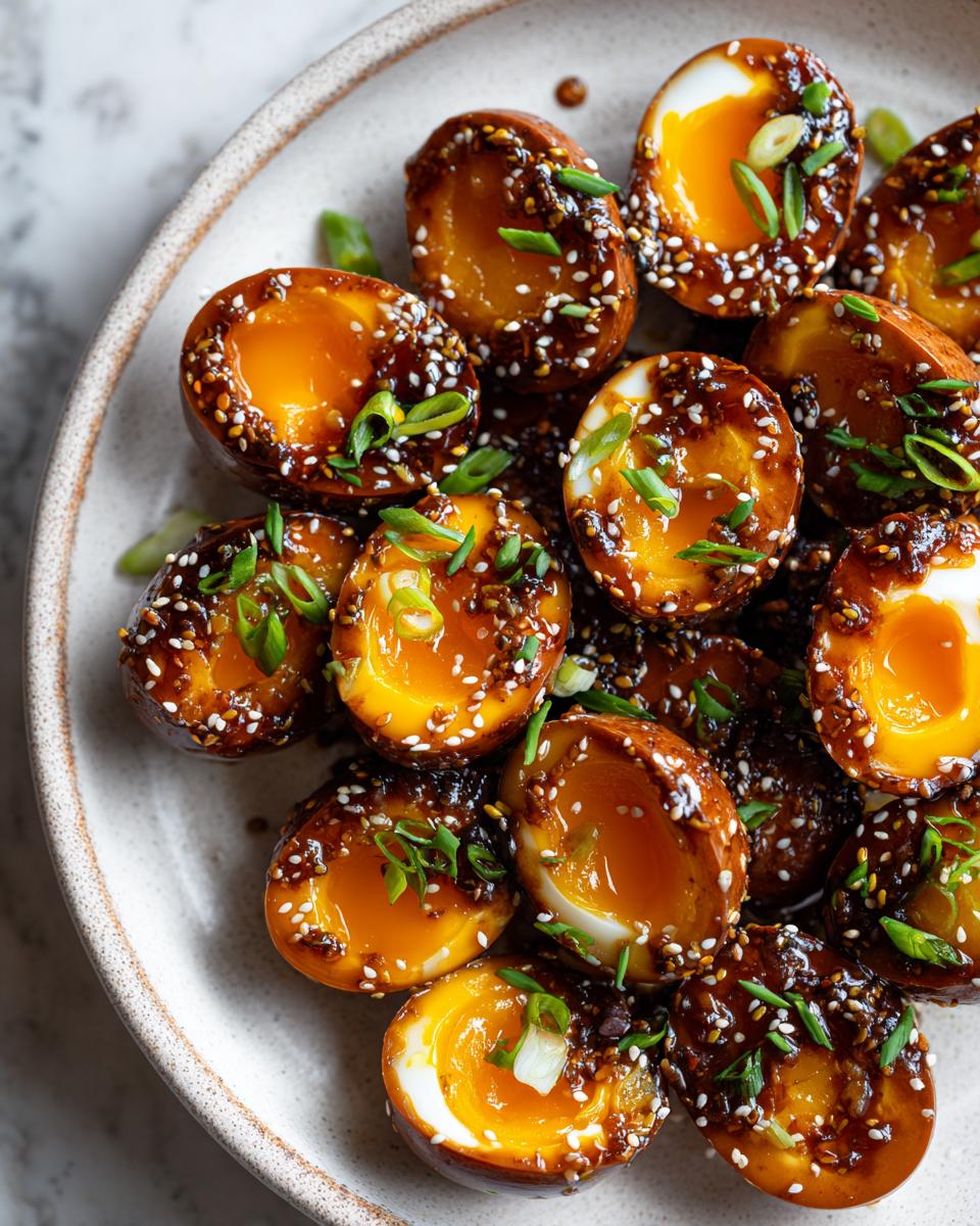 Close-up of halved, glossy marinated eggs with jammy yolks, topped with sesame seeds and green onions.