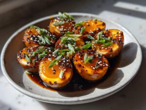 Six halves of glistening marinated eggs with jammy yolks, drizzled in sauce and topped with sesame seeds and scallions.