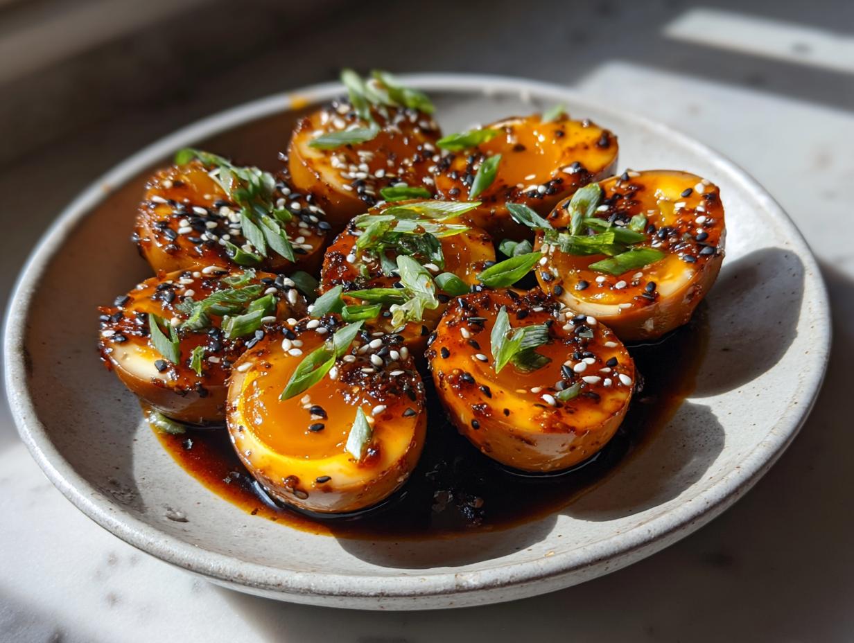 Six halves of glistening marinated eggs with jammy yolks, drizzled in sauce and topped with sesame seeds and scallions.