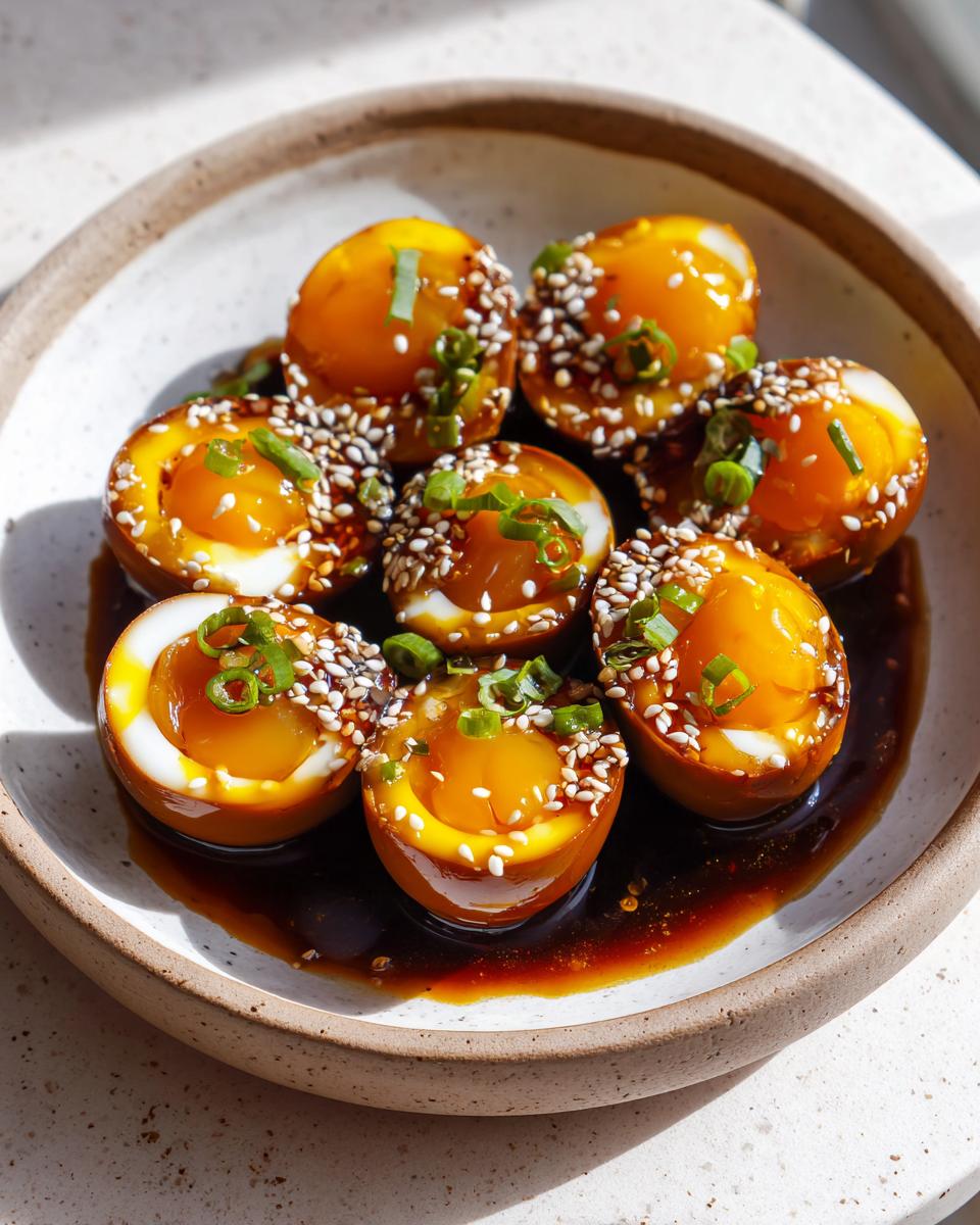 Close-up of halved marinated eggs with jammy yolks, coated in sesame seeds and green onions.