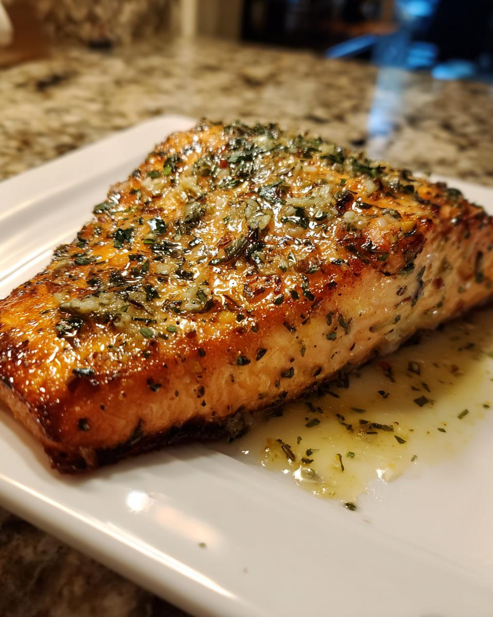 A golden brown fillet of air fryer salmon topped with melted butter, garlic, and herbs on a white plate.