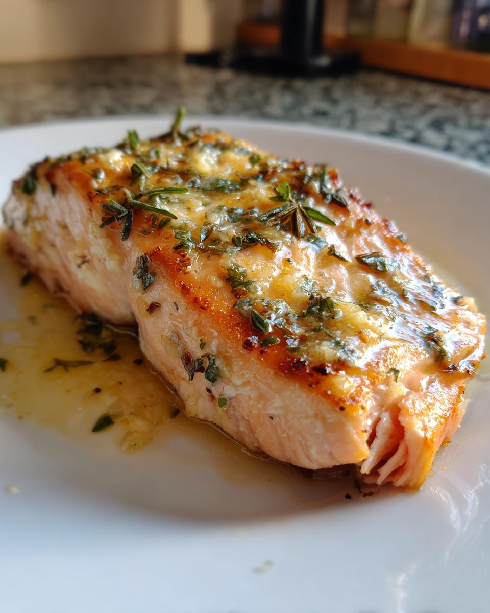 Close-up of a flaky, golden-brown air fryer salmon fillet topped with melted butter and fresh green herbs.