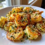 A close-up of golden brown air fryer shrimp seasoned with parsley and grated Parmesan cheese.