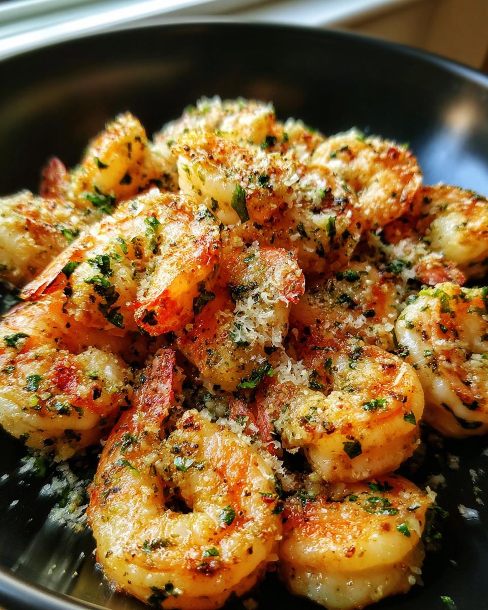 Close-up of golden, seasoned air fryer shrimp topped with grated cheese and fresh parsley.