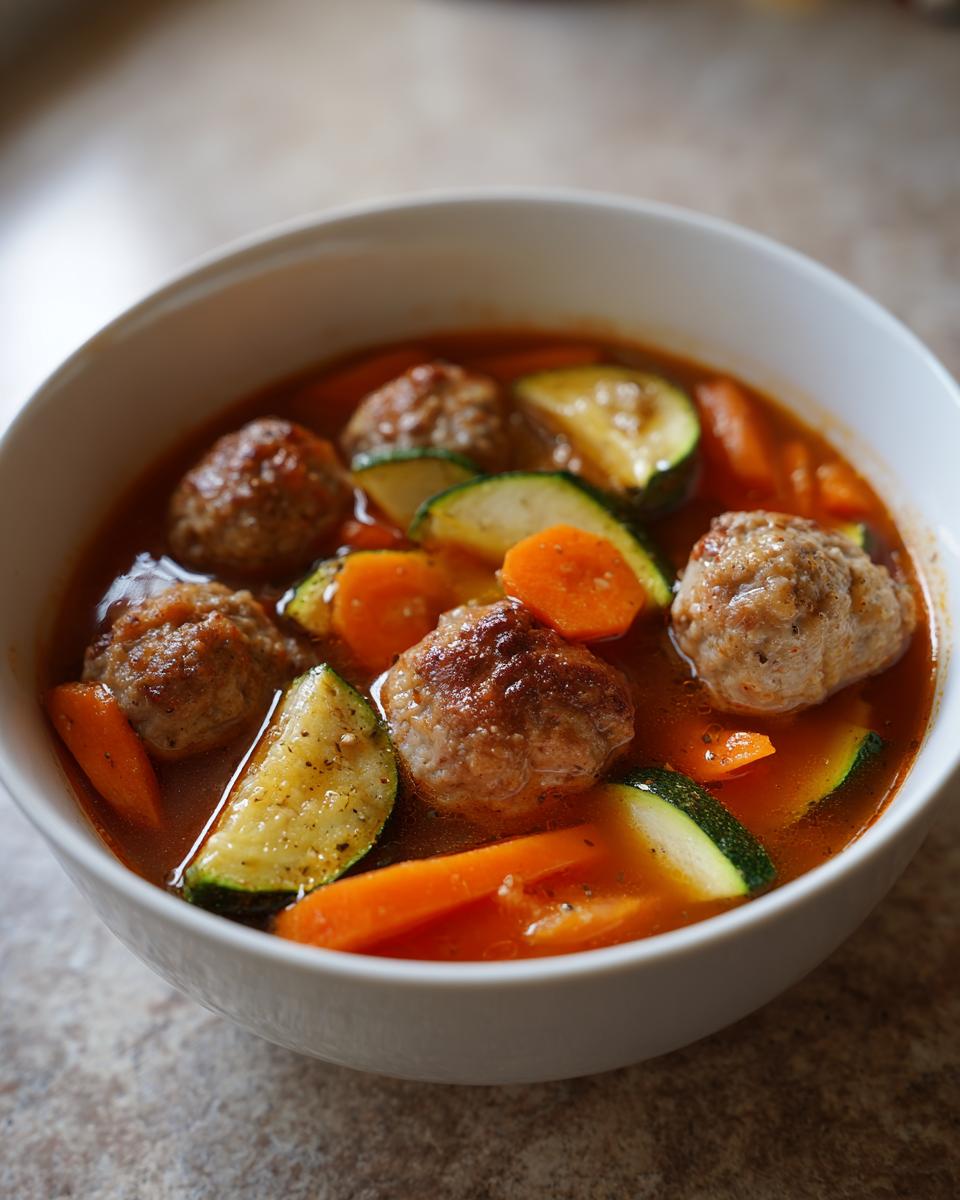 Close-up of a white bowl filled with flavorful albondigas soup, featuring meatballs, sliced zucchini, and carrots in a rich broth.