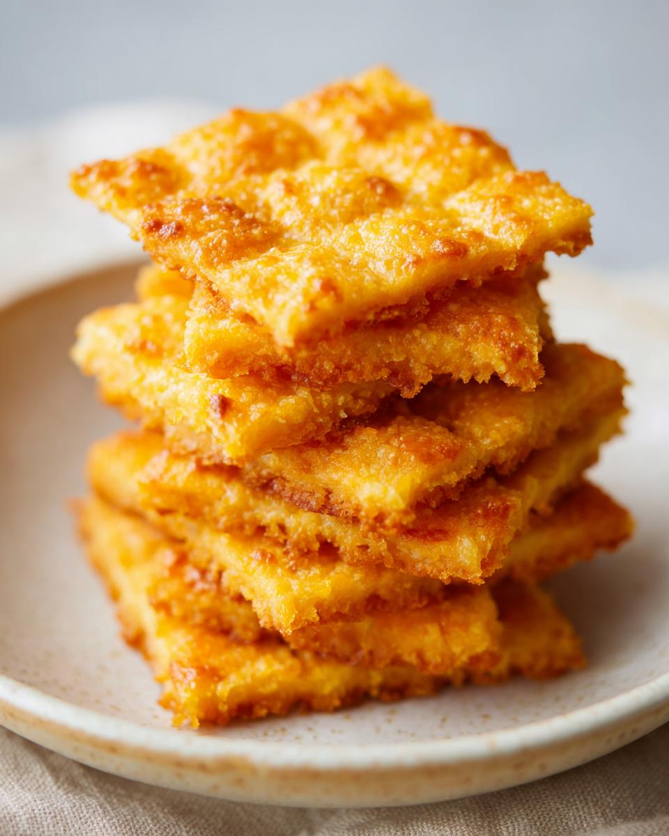 A tall stack of golden, crispy 4-ingredient cheese crackers piled high on a speckled ceramic plate.