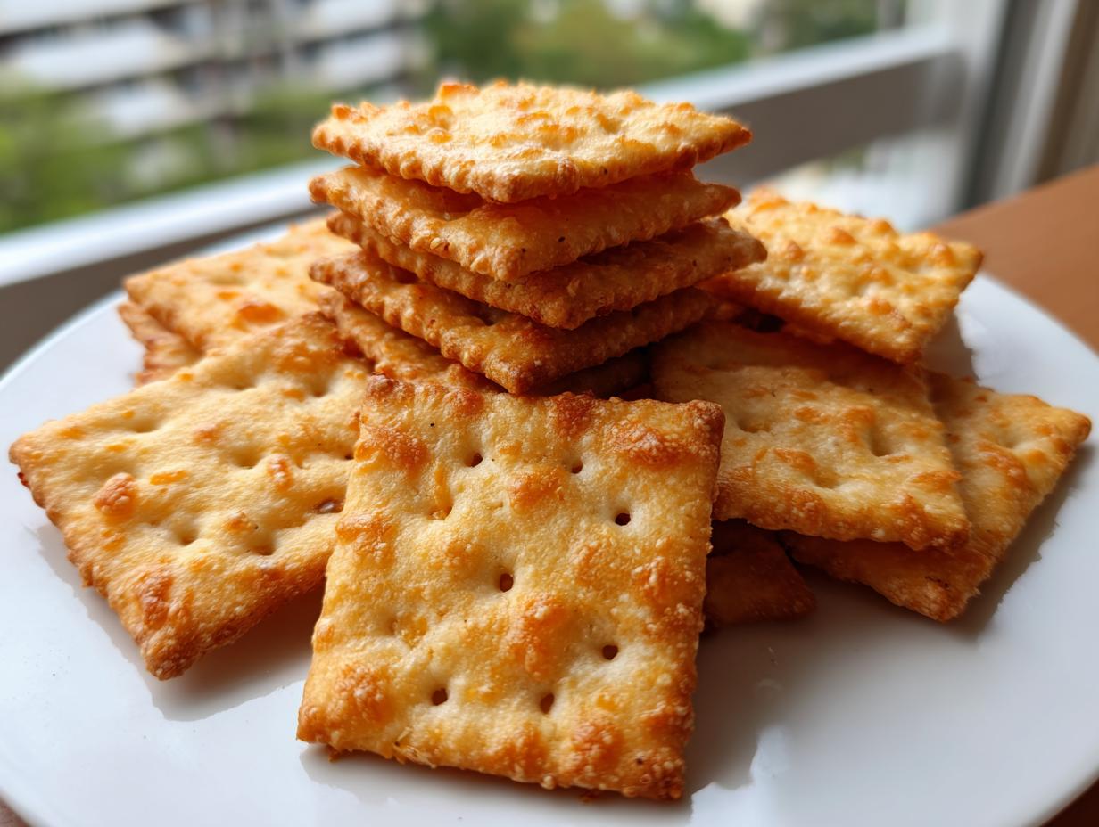 A stack and pile of golden, flaky homemade cheese crackers on a white plate, ready to snap.