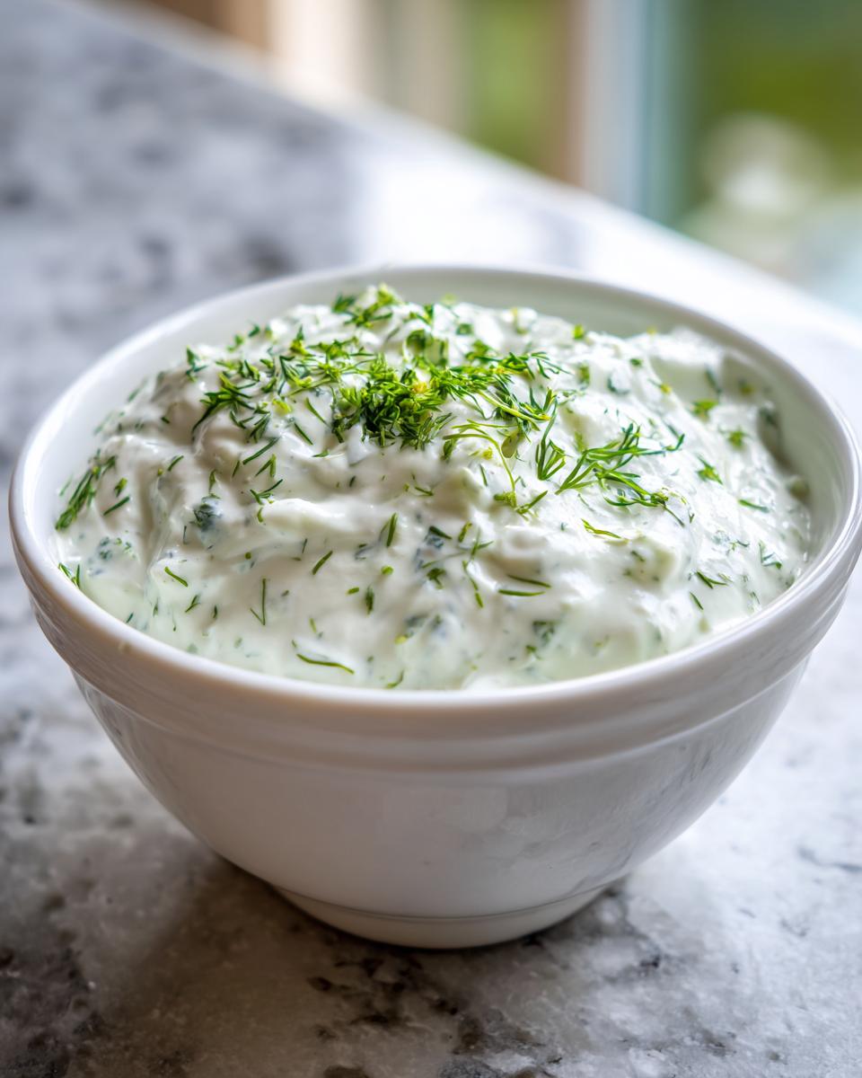 Close-up of creamy, white dill dip topped generously with fresh chopped dill in a white bowl.