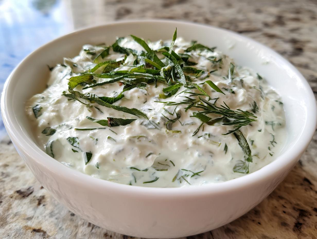 A close-up view of creamy, white homemade dill dip generously mixed with fresh green herbs, topped with dill sprigs.