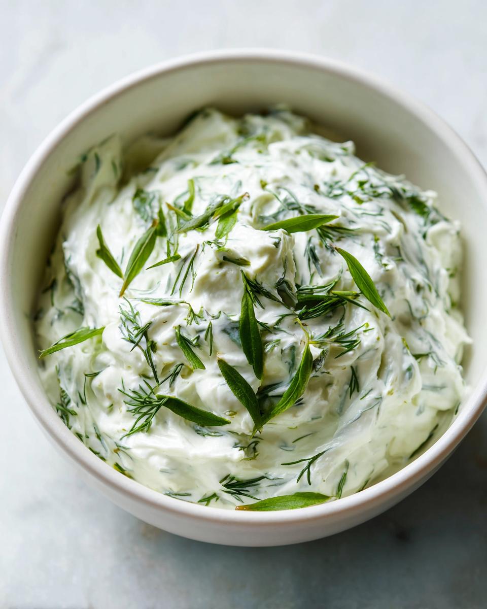 Close-up of a creamy, white dill dip generously mixed with fresh green dill and topped with tarragon leaves.