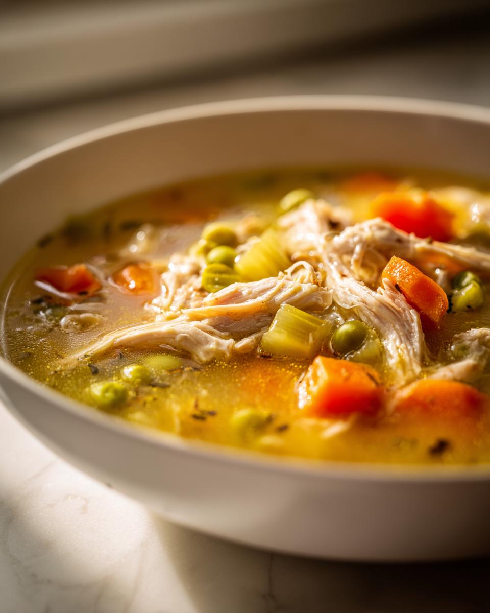 Close-up of a white bowl filled with rich, golden turkey soup featuring shredded turkey, carrots, celery, and peas.