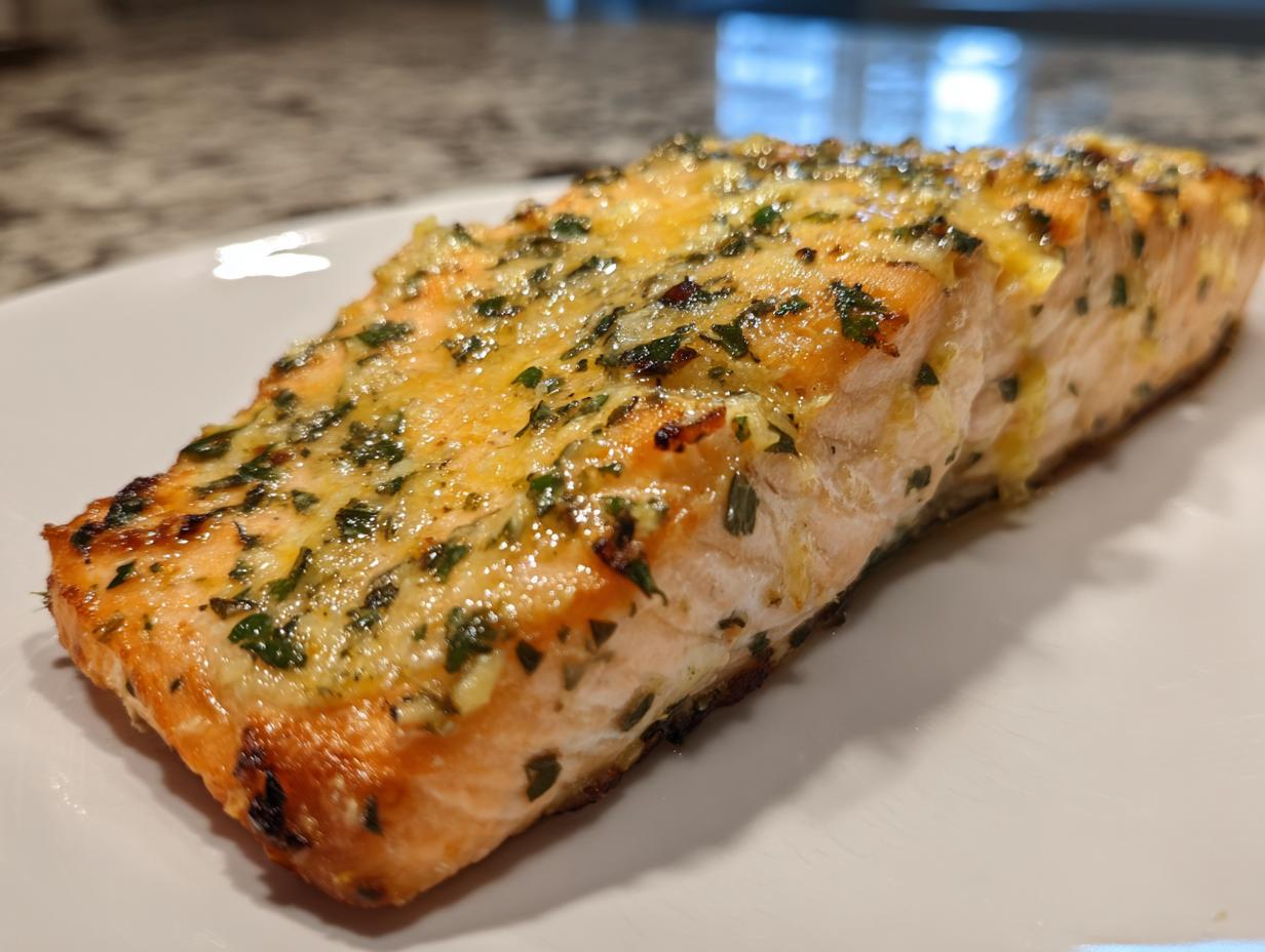 Close-up of a glistening, herb-crusted fillet of air fryer salmon resting on a white plate.